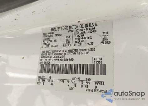 1999 Ford F-150 Lariat/Work Series/Xl/Xlt from USA, damaged, VIN 1FTRF17W6XNB86100